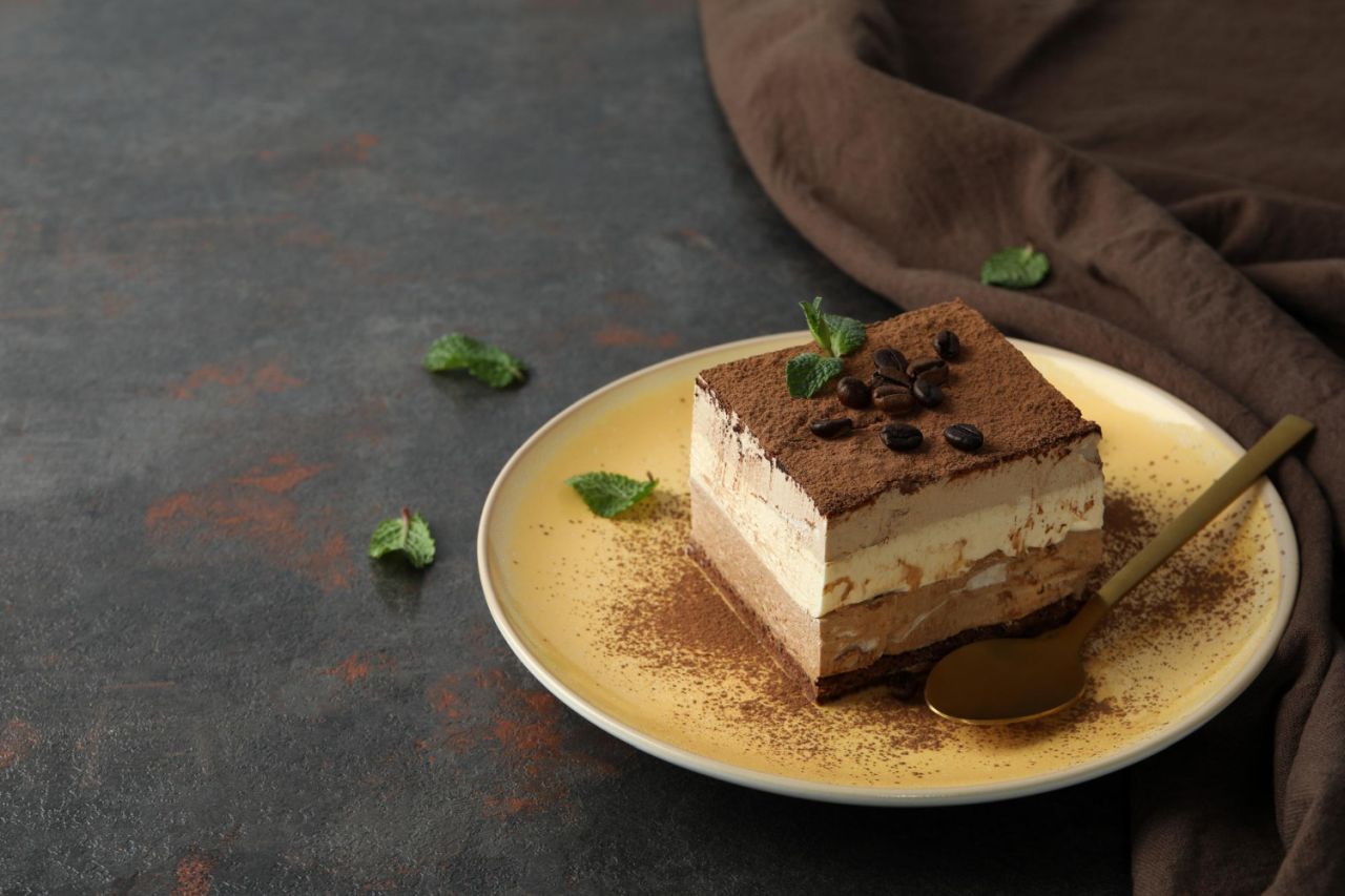 concept tasty dessert with tiramisu cake space text