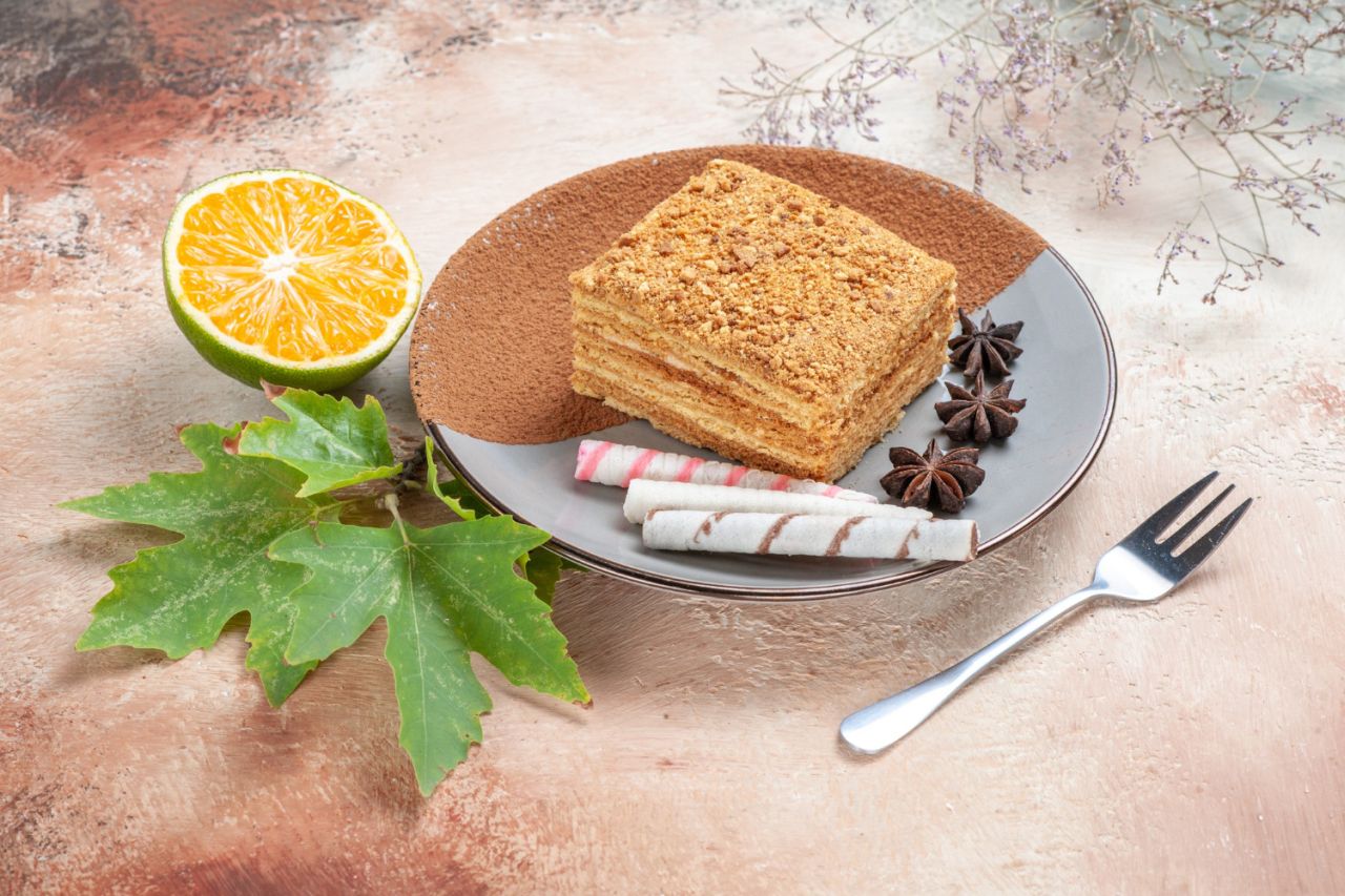 delicious cake slice inside plate light